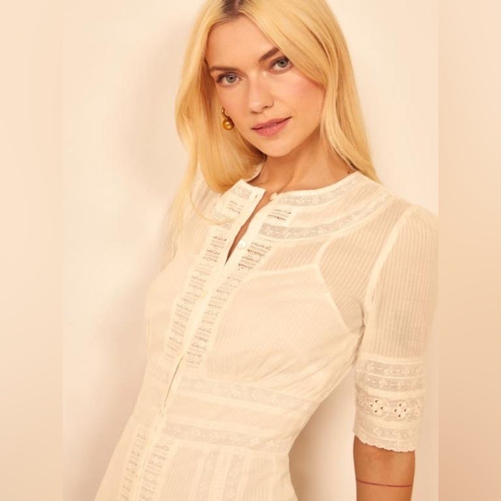 Reformation Oxford Sheer Lace Short Sleeve Button Front Maxi Dress in White - Picture 5 of 15